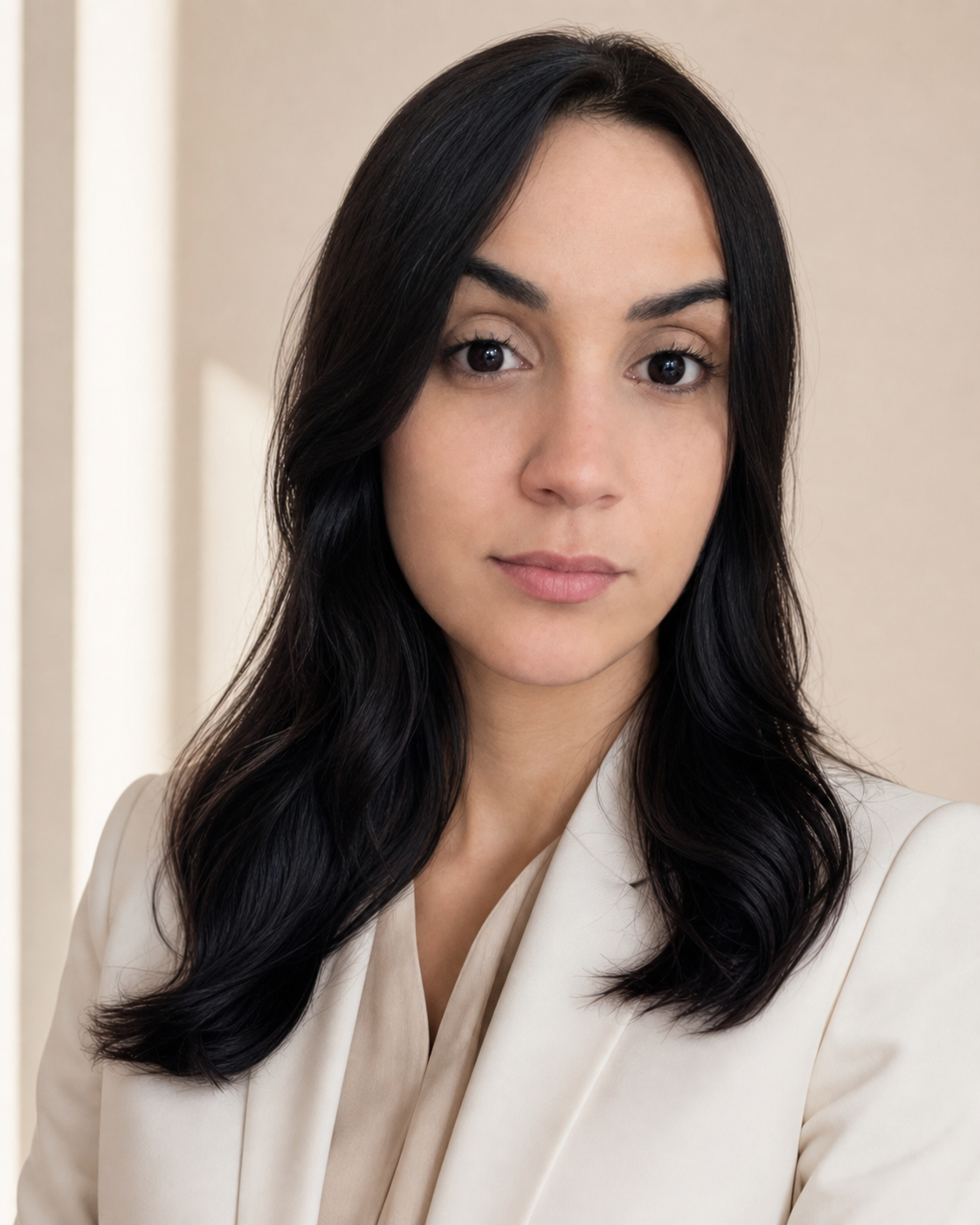 Marcely Garrido, mulher de cabelos escuros vestindo blazer claro, em retrato de estúdio
