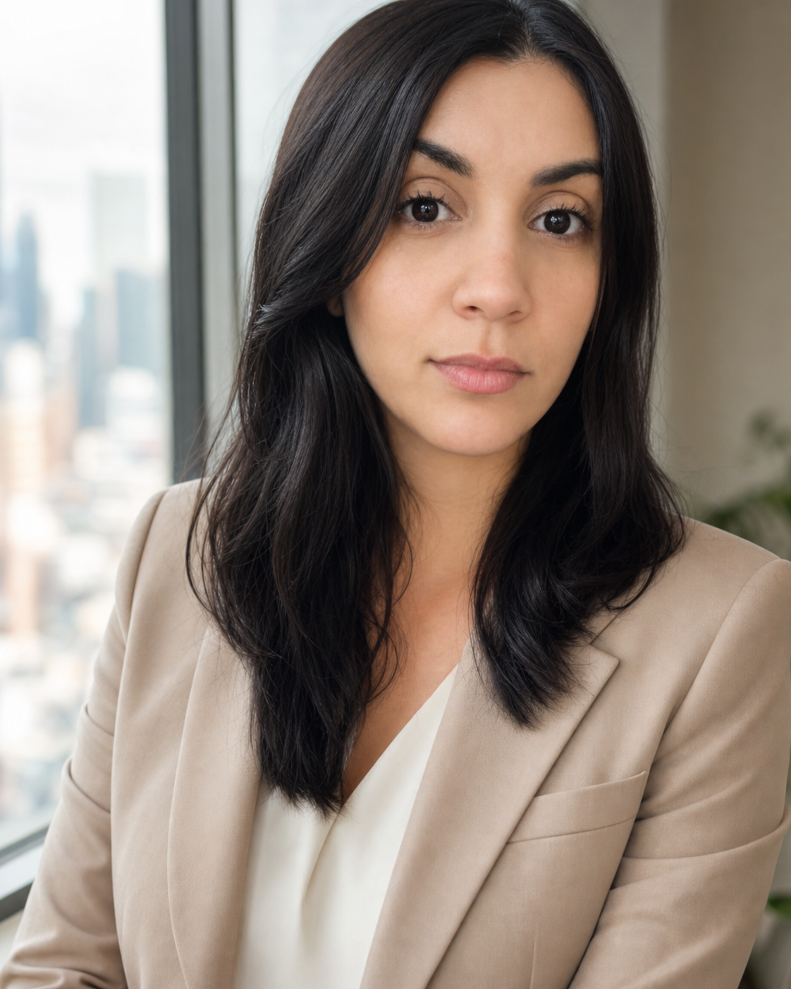 Marcely Garrido em escritório com vista para a cidade, vestindo blazer bege